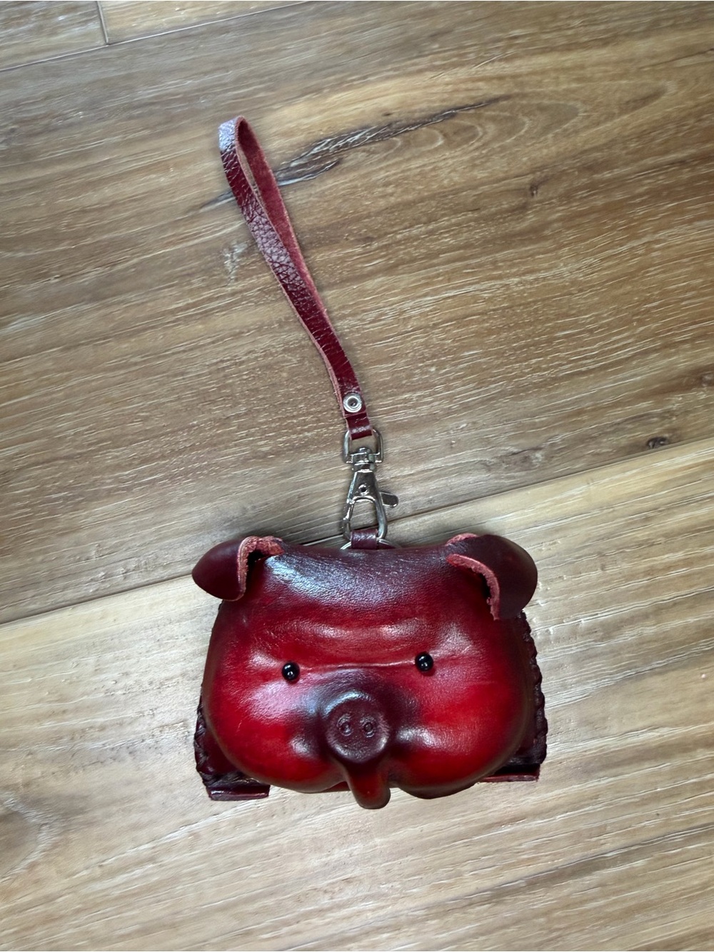 Red Leather Pig Wristlet Wrist Strap Coin Purse